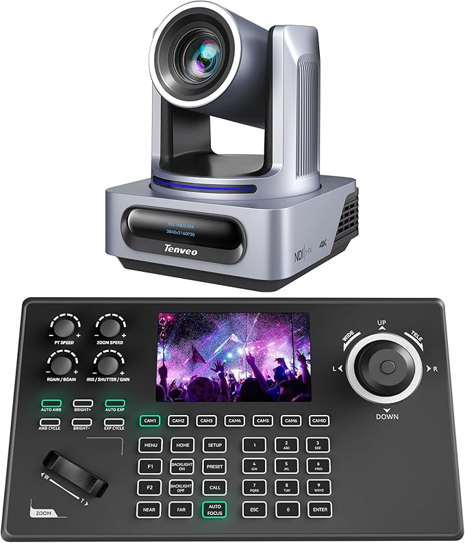 Tenveo 4K NDI PTZ Camera and Controller Bundle/Kit 4K 20X AI Tracking NDI/SDI/HDMI/USB3.0/LAN/PoE PTZ Camera and NDI PTZ Controller 5-Inch LCD 4D Joystick for Church Streaming Conference Live Events