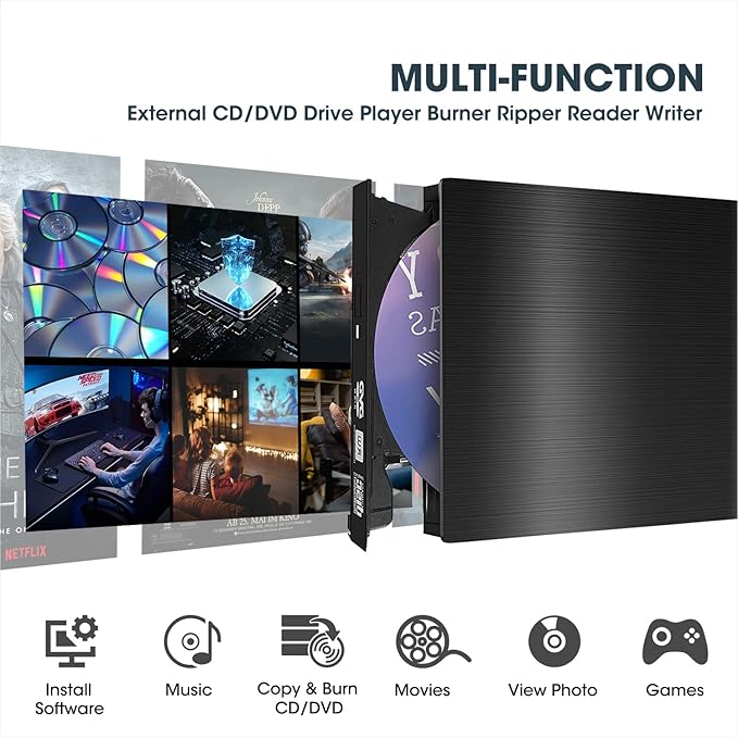 ROOFULL External CD DVD Drive for Laptop USB 3.0 Portable CD/DVD-ROM +/-RW Optical Disk Player Reader Writer Burner with Protective Carrying Case for Laptop PC Mac Windows 11/10/8/7 Linux Computer
