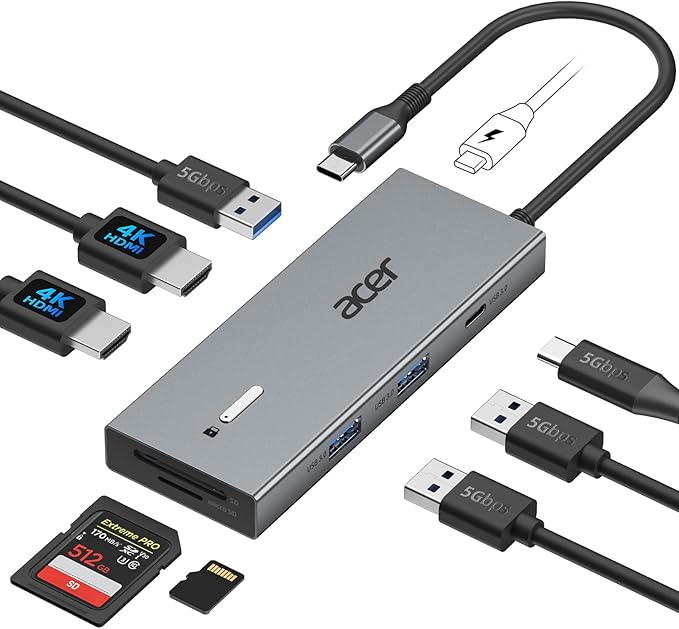 Acer USB C Docking Station Dual Monitor with 2 HDMI 9-in-1 Laptop Docking Station with 4K@60Hz HDMI USB A&ampC 3.0 SD/Micro SD 100W PD USB C Dock Compatible with Acer/Dell XPS/HP/Mac/Surface (15