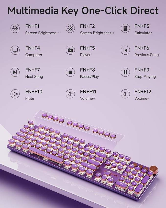 EWEADN Typewriter Style Mechanical Keyboard Wired Typewriter Keyboards104 Keys Backlit LED Metal Keyboards Media Control Knob Wired Computer Keyboard Pink Switch for Windows/Mac/PC-Purple