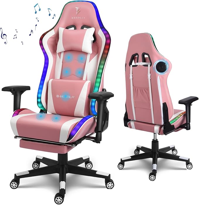 Gaming Chair High Back with RGB Lights and Bluetooth Speakers Ergonomic Massage Computer Chair Adjustable Office Chair Music Video Racing Game Chair with Headrest Lumbar Support 4D ArmrestPink