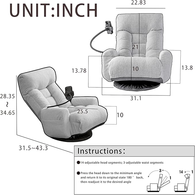 Swivel Gaming Floor Chair with Phone Holder &amp Arm Comfy Reading Chair with Side Pocket for Adults Upholstered Floor Chair with Adjustable Back for Bedroom Living Room (Green)