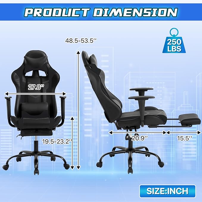 Gaming Chair Ergonomic Office Chairs PU Leather High-Back Computer Chair with Footstool and Lumbar Support360°Swivel Game Chairs with Headrest for Office &amp GamingBlack (Black)