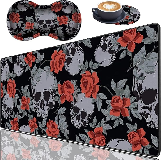 Extended Gaming Mouse Pad Desk Pad Keyboard Pad Mouse Wrist Rest and Coaster Anti-Slip Rubber Base Mouse Pad Suitable for Gaming and Office Human Skulls Vintage Roses