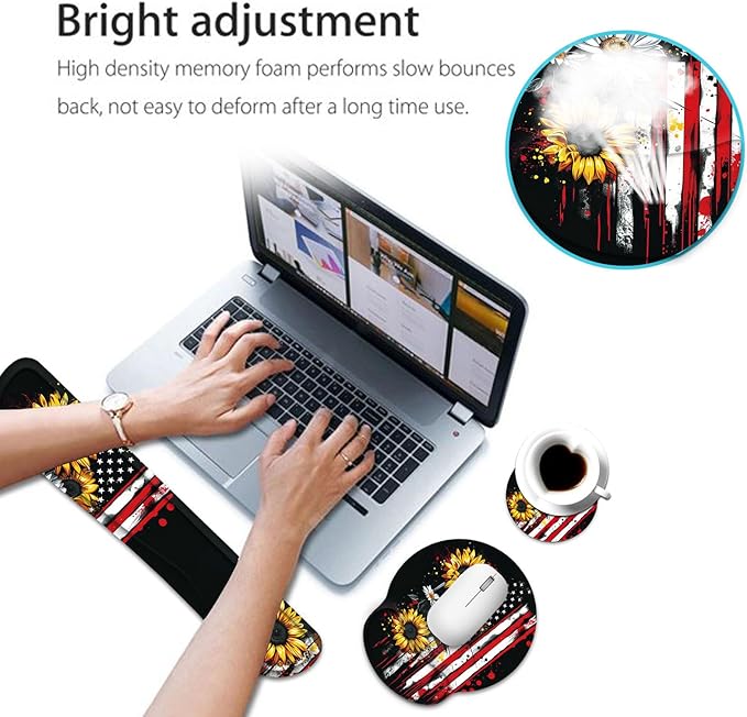 Keyboard Wrist Rest and Mouse Pad Wrist Support Set with CoasterComfortable for Easy TypingPain ReliefMemory Foam Keyboard Pad Set for Laptop MacAmerican Flag Sunflower