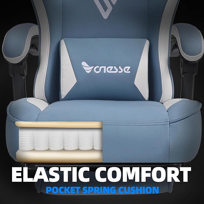 Vonesse Gaming Chair Computer Chair Fabric with Pocket Spring Cushion Office Chair with Footrest and Massage Lumbar Support Reclining Gaming Chairs for Adults 250LBS (Blue)