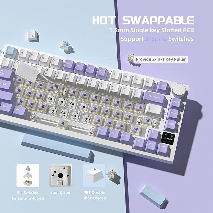 Attack Shark ajazz AK820 Pro Wireless Mechanical Gaming Keyboard TFT Display &ampKnob Hot Swappable Bluetooth 5.1/2.4G hz/Type-C Gasket-Mounted RGB Backlit Custom Keyboard for PC/Win(Purple/Gift Swit