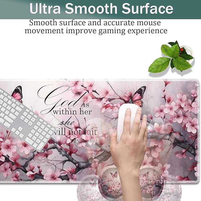 Large Game Mouse Pad + Wrist Support Pad + Coffee Coaster Desk Pad with Sewn Edges Anti-Slip Set pad Suitable for Office Work and Home - Cherry Blossom Butterflies