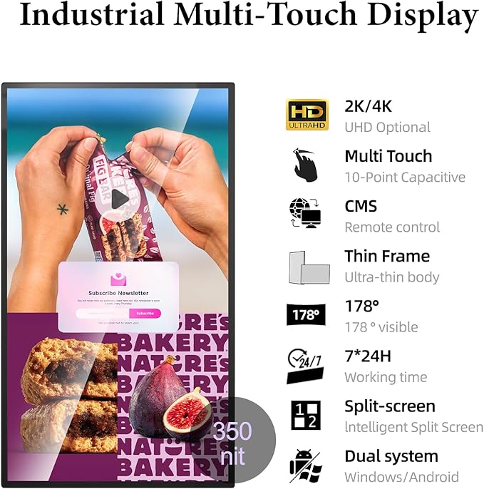 MWE 21.5 inch Wall Mount Digital Signage FHD Touchscreen Monitor Android 14 Multi-Touch Screen Smart Split Commercial Advertising Display Time Switch CMS Management HD-MI/ USB/ WiFi/ for Windows