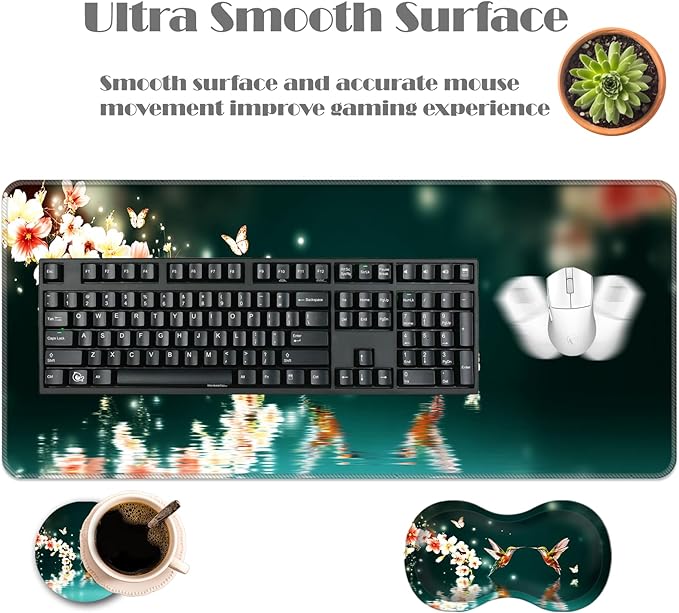 Ergonomic Keyboard Wrist Rest &amp Mouse Pad Wrist Rest SetXL Gaming Desk Mat 31.5x 11.8Non-Slip BaseMemory FoamEasy Typing Pain Relief for Office &amp HomeHummingbirds and Flowers