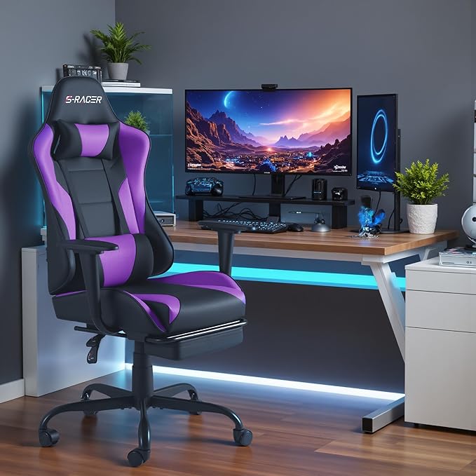 Homall Gaming Chairs Computer Chair with Footrest and Massage Lumbar Support Height Adjustable Game Chair with Headrest and Swivel Seat (Purple)
