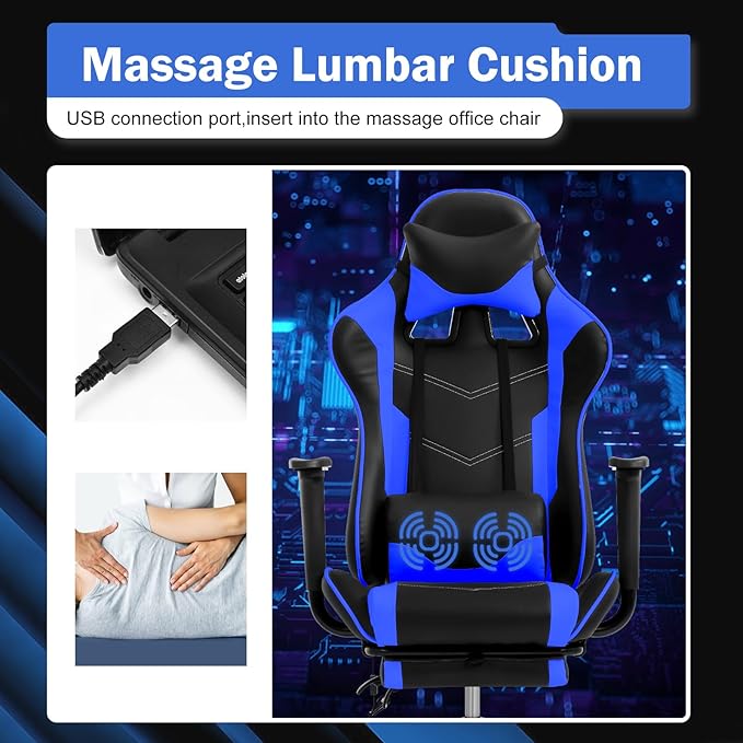 Massage Gaming Chair - Ergonomic PC Racing Office Chair with Lumbar Support Headrest Armrest Footrest - Black Heavy Duty PU Leather Recliner for Adults Gamer (Blue)