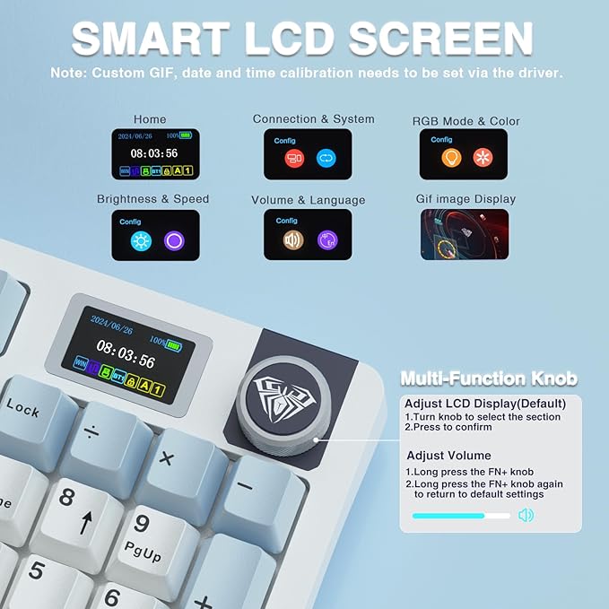 AULA S98 Pro Wireless Mechanical KeyboardSmart Screen &amp KnobTri-Mode BT5.0/USB-C/2.4GHz Creamy KeyboardPre-lubed Linear SwitchesHot Swappable RGB Backlit Computer Gaming Keyboards