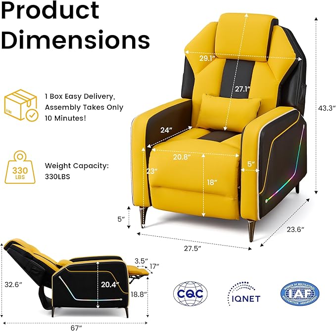 SAMERY Gaming Recliner Chair Push-Back Reclining Gaming Chair with Extended Footrest LED Light Pockets Lumbar Pillow Modern Ergonomic Recliner Sofa for Game Room Living Room (Yellow Recliner)