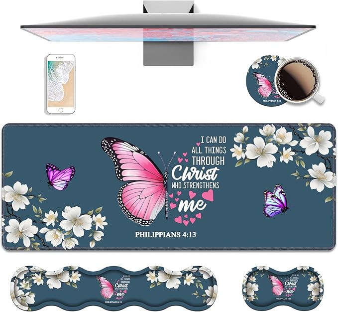 Ergonomic Keyboard Wrist Rest &amp Mouse Pad Wrist Rest Set Large XXL Gaming Desk Mat 31.5x 11.8 with Non-Slip Base for Home Office Study Gaming Floral Butterfly Quote Bible Verse Philippians 4:1