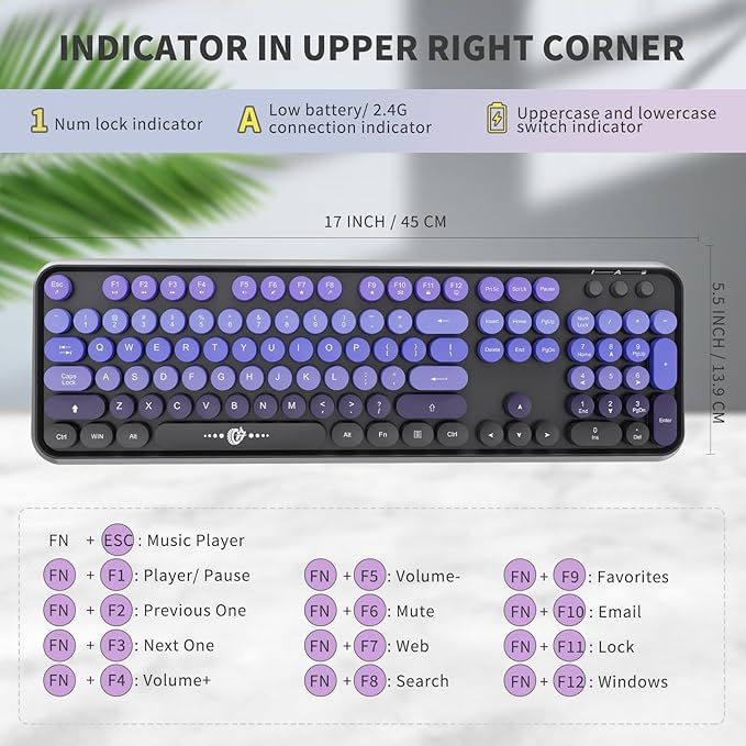FOPETT Wireless Keyboard and Mouse Combo 104 Keys Full-Sized 2.4 GHz Round Keycap Colorful Keyboards USB Receiver Plug and Play for Windows Mac PC Laptop Desktop (GradientPurple)