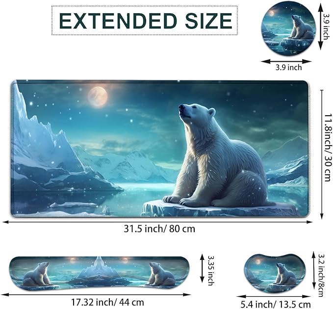 JVGFYNKL Large Gaming Mouse Pad Set Ergonomic Memory Foam Keyboard Wrist Rest Support + Mouse Wrist Rest + Extended Desk Mat with Non-Slip Rubber Base Cute Polar Bear Pattern Desk Pad