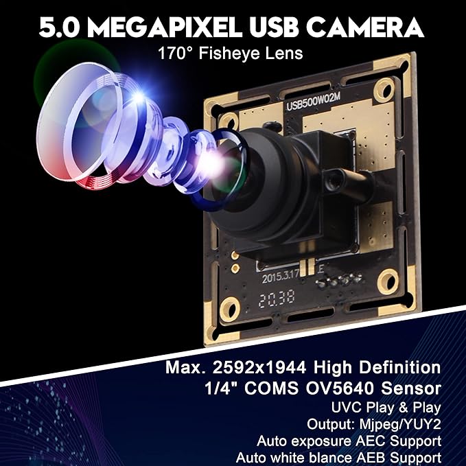 SVPRO 170 Degree Wide Angle 5 Megapixel Fisheye Lens USB Webcam Camera Module for Portable Video System