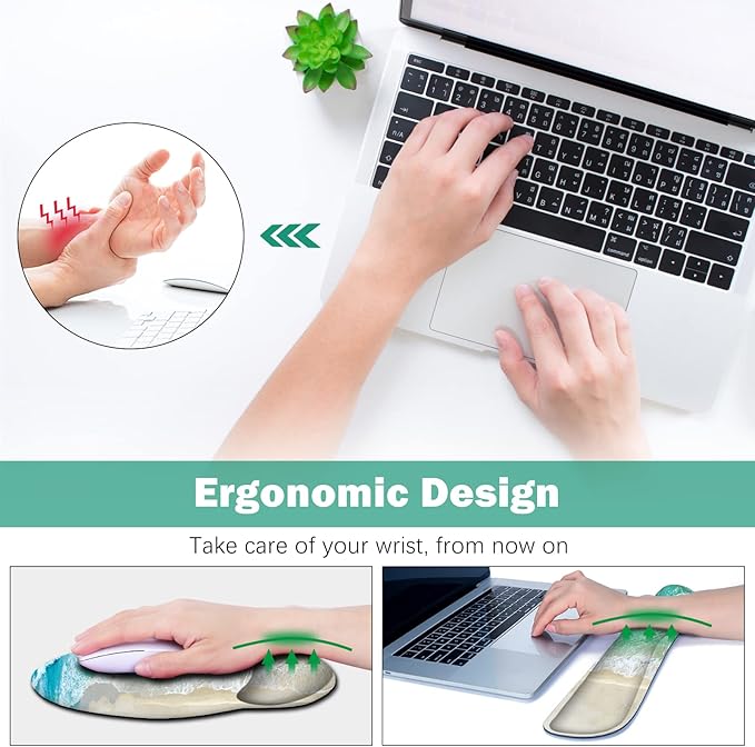 ARTSO Large Mouse Pad Ergonomic Keyboard Wrist Rest Support Combo Non-Slip Memory Foam Gel Extended Desk Mat Protector Ocean Beach Sunbathing