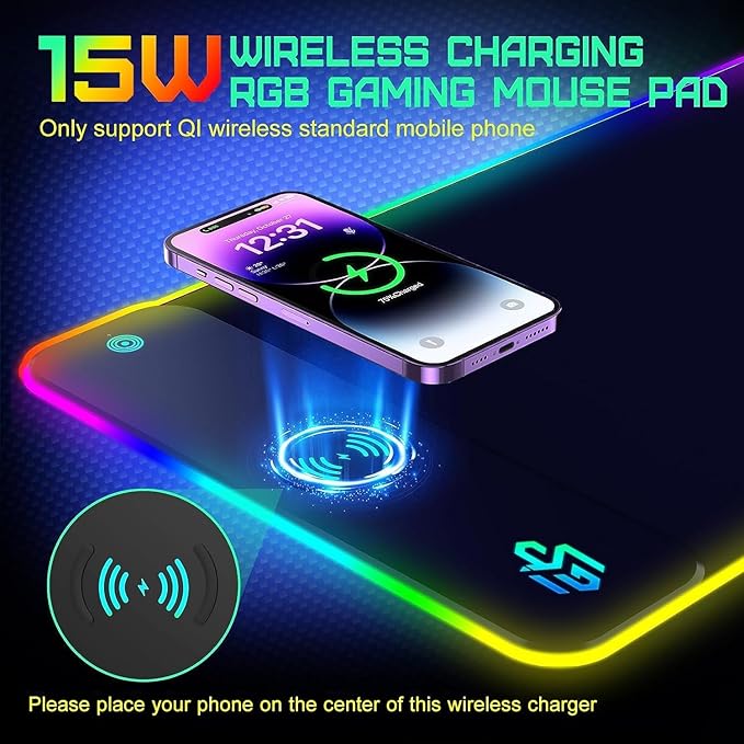 GIM Wireless Charging RGB Gaming Mouse Pad 15W LED Mouse Mat 800x300x4MM 10 Light Modes Extra Large Mousepad Non-Slip Rubber Base Computer Keyboard Mat for Gaming MacBook PC Laptop Desk