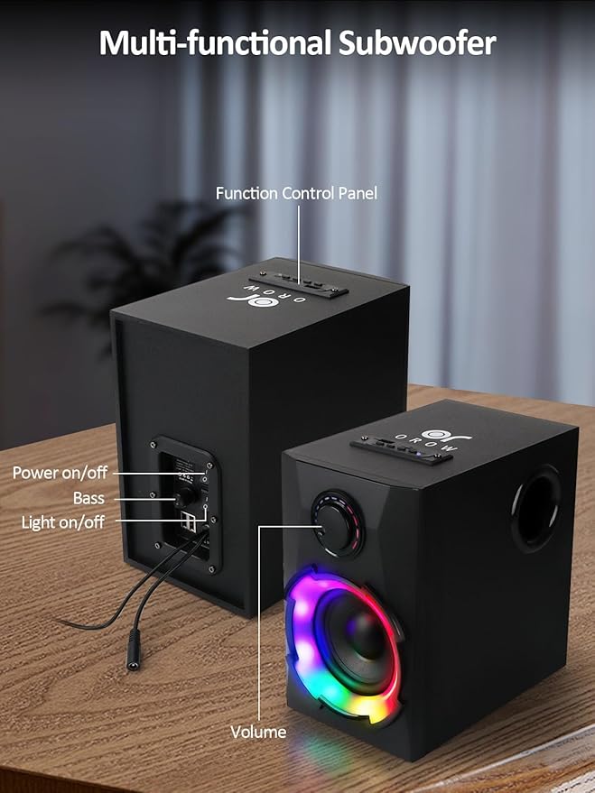 OROW Computer Speakers40W PC Speakers with SubwooferGaming Speakers with BassAC PoweredSupport Bluetooth&ampSD&ampUSB Play 2.1 Multimedia Speakers System with RGB LightGreat for TV/Projector/P