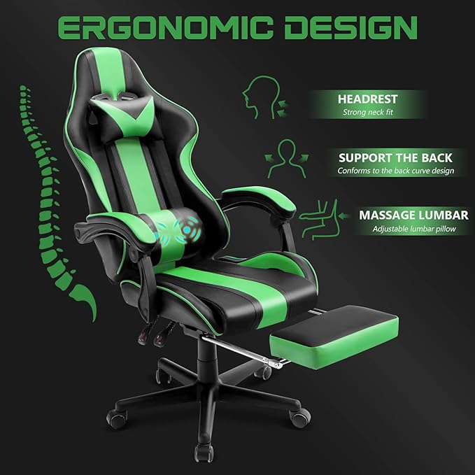 Ferghana Gaming Chairs Ergonomic Racing Style PC Game Computer Chair with Headrest Lumbar Support Adjustable Recliner PU Leather Video Computer Chair(Grass Green)