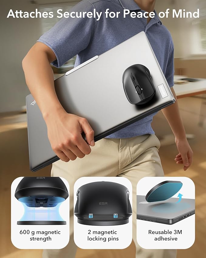 ESR MagMouse Snap-to-Carry Bluetooth Mouse Rechargeable Wireless Mouse for Laptop with Built-in Charging Cable Reusable Adhesive Holder BT 5.0 + 2.4 GHz Connectivity Silent Ergonomic Black