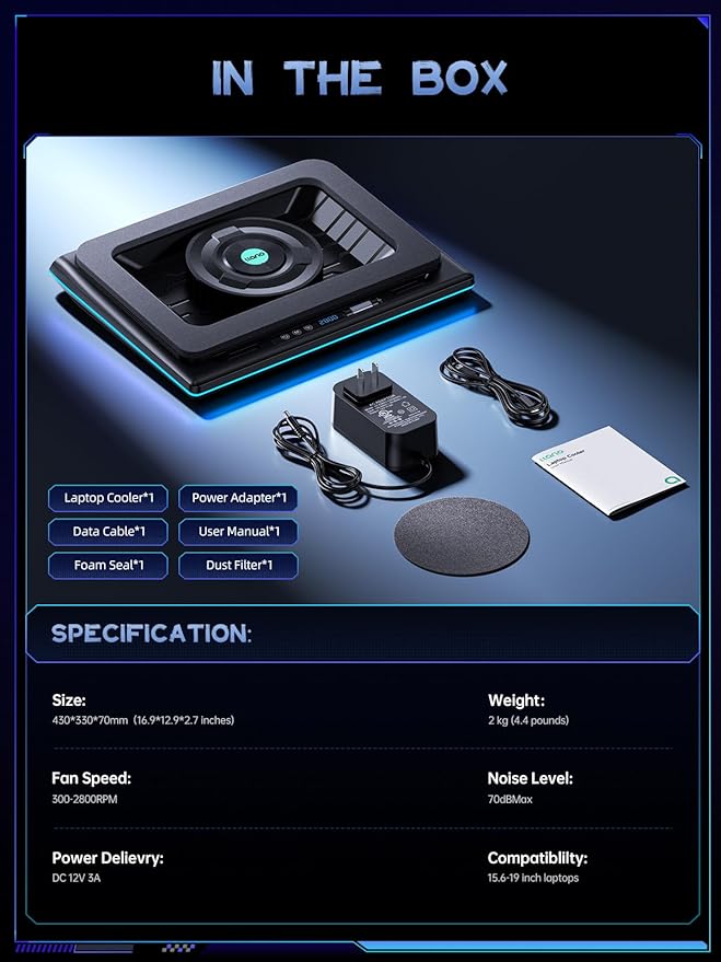 llano V12 Gaming Laptop Cooling Pad RGB Laptop Cooler Laptop Cooling Fan Stand with 5.5 Inch Powerful Turbofan for 15.6-19in Laptop Adjustable Speed Dustproof 3-Port USB Hub Black (RGB)