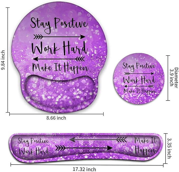 Keyboard Wrist Rest and Mouse Pad with Wrist Support Ergonomic Mouse Pad CoasterEasy Typing Pain ReliefKeyboard Mousepad SetStay Positive Work Hard and Make It Happen Purple Glitter