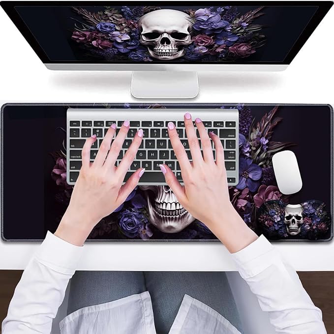 Large Gaming Mouse Pad + Wrist Rest + Lace Coaster Non-Slip Set with Sewn Edges and Waterproof Expandable Desktop Pad Suitable for Office/Home Skull Purple Flower