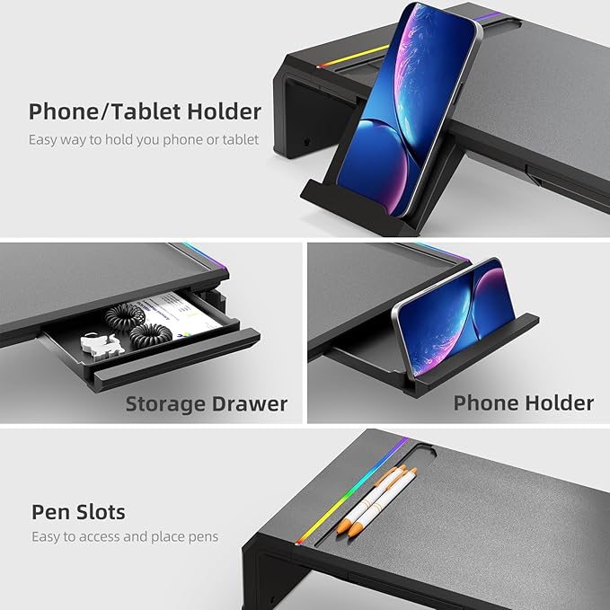 Heymaster Monitor Stand for Desk Gaming Monitor Riser with RGB Light Foldable Computer Monitor Stand Riser Desk Organizers and Accessories for Desktop Printer (Black)