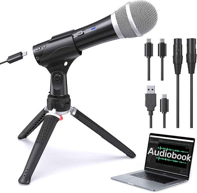 Audiobook Recording Equipment for Home USB/XLR Dynamic Microphone Noise-Canceling Handheld Studio Mic Kit Ideal for Reading Aloud Narration Voice-Over Work