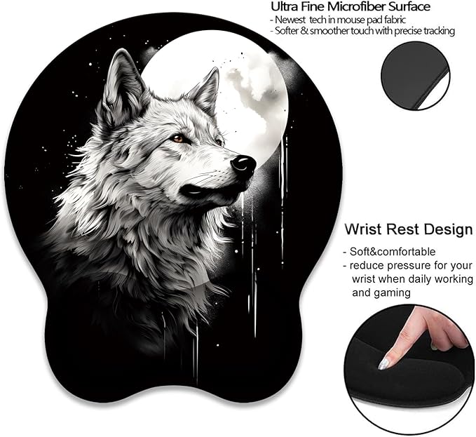 Mouse Wrist Rest and Keyboard Wrist Rest Pad+ Coaster Set Non-Slip Rubber Base Smooth Surface Ergonomic Gaming Mouse Pad for Easy Typing and Pain Relief Wolf Moon
