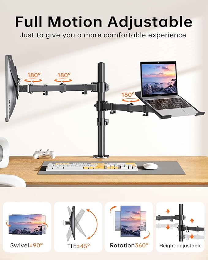 H&ampC(hcck&ampCllassp) Monitor and Laptop Mount Stand for 13 to 32 Screens Adjustable Monitor Arm Stand with Tray for 11-17” Laptop Holds 18lbs/Arm C-Clamp 75x75/100x100 VESA