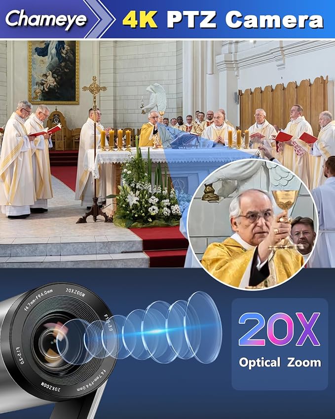 Chameye 4K PTZ Camera 20x Optical Zoom HDMI PTZ Camera 4K for Church Worship Conference Education Events IP PTZ Controller PoE 4D Joystick C420x2+E300