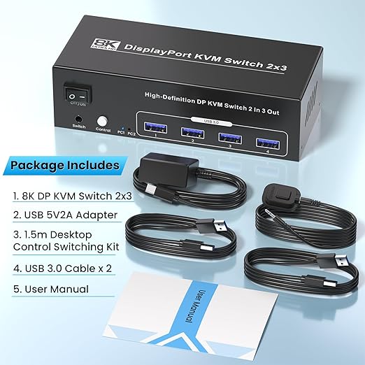 8K60Hz 4K120Hz Displayport KVM Switch 3 Monitors 2 Computers USB 3.0 DP KVM Switch for 2 Computers Share 1 Set of Keyboard Mouse Printer and 3 Monitors 4 Port USB 3.0 for Peripheral Sharing