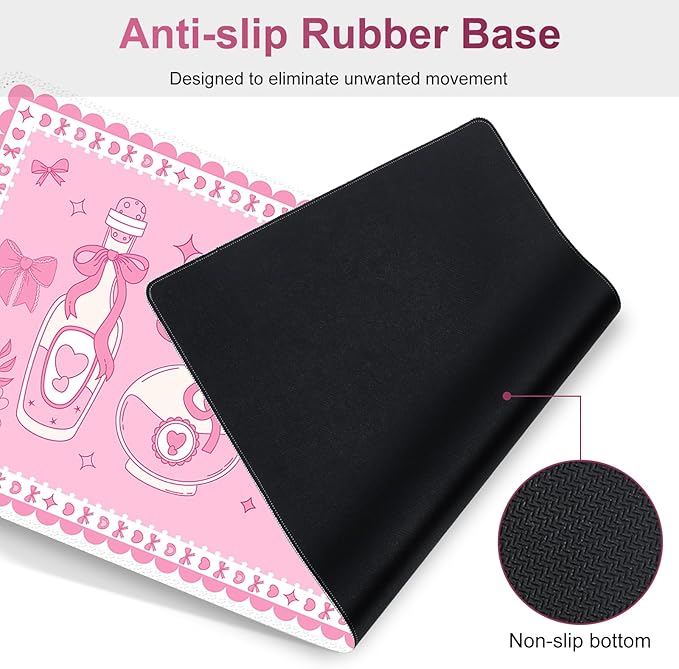 Desk Mat Pad Gaming Mouse Pad Wrist Support Set 4 in1 Non-Slip XXL Large Mousepad + Ergonomic Keyboard Wrist Rest+Mouse Wrist Rest+Coaster for Home Office Computer I Pink Kawaii Bow Bottle