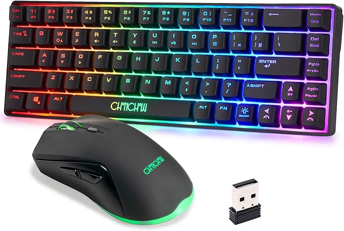 CHONCHOW 60% Wireless Gaming Keyboard and Mouse ComboLED Backlit Rechargeable 2000mAh Battery Portable 68 Keys Waterproof Small Compact Keyboard Mice for PC/Mac Gamer(Wireless)
