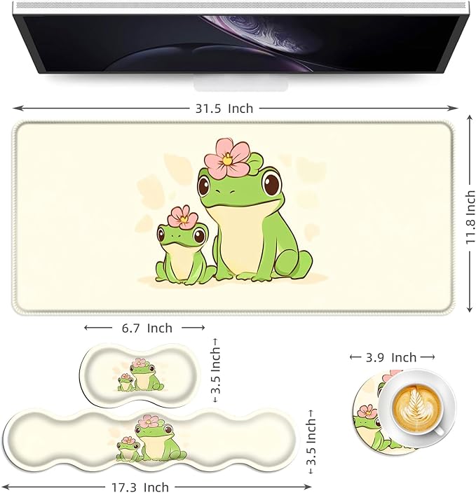 Keyboard Mouse Pad Set Extended Gaming Mouse Pad+Ergonomics Keyboard Wrist Rest Support Memory Foam Easy Typing Pain Relief 4Pcs XL Ultra Thick Desk MatMother Baby Frog with Flower