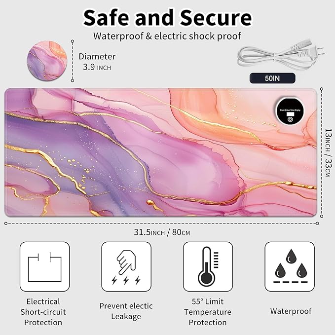 Warm Desk PadHeated Desk PadOffice Mat3 Heating Levels &amp 3 Hours Auto Shut-Off31.5*13 Gaming Mouse Laptop Keyboard Leather Desk MatPink Golden Marble
