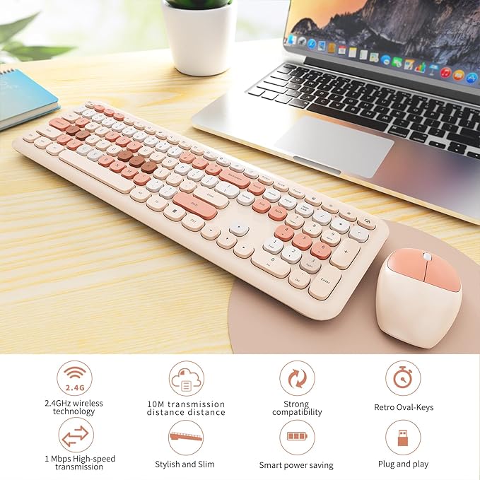 Wireless Keyboard and Mouse Combo Colorful Ergonomic Full Size Retro Low-Noise Keyboard with Cute keycaps Compatible with Windows PC Perfer for Home and Office Keyboards (Brown)
