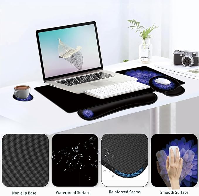 Large Mouse Pad Ergonomic Mouse Pad with Wrist Rest and Keyboard Wrist Rest 4 in 1 Set 31.5 x11.8 inch Extended Desk Pad for Home Office Watercolor Purple Flowers Pattern Black xxl Gaming Mouse Mat