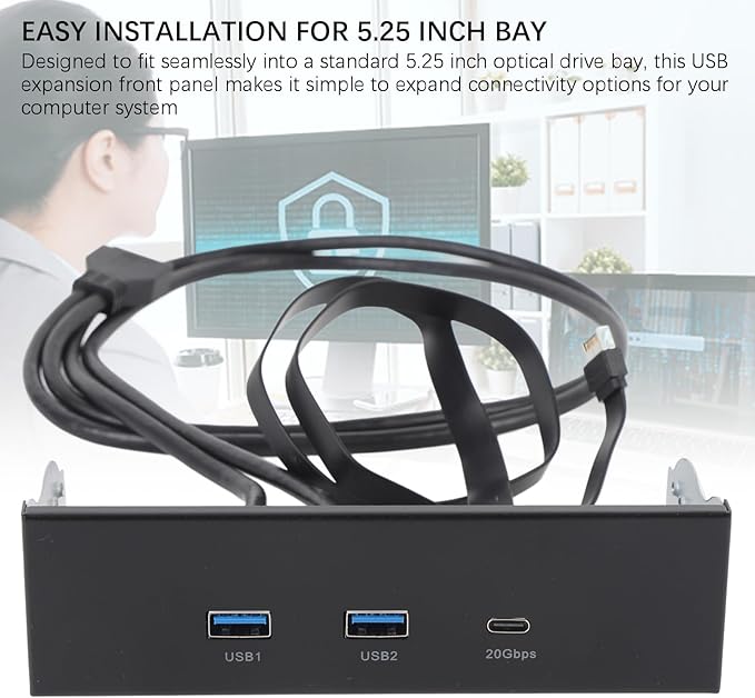 5.25 Inch Front Panel USB Hub Internal USB Hub with 5Gbps USB A and 20Gbps Type C Header 19 Pin Optical Drive Extension Panel for PC Case Desktop Expansion