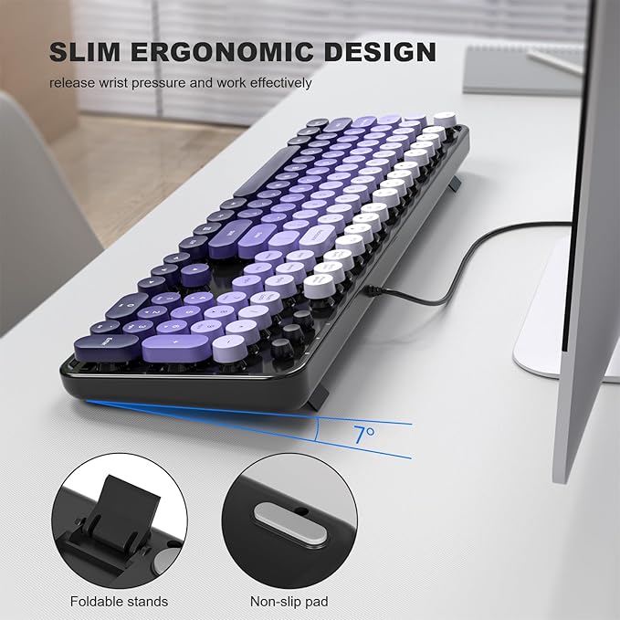 Computer Keyboard Wired Plug and Play USB Retro Round Typewriter Keyboard Full Size Wired Keyboard with Foldable Stands for Laptop and Office PC- Black Purple Gradient