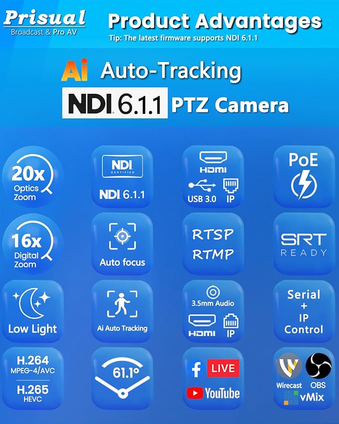 NDI 6.1.1 PTZ Camera Ai Auto-Tracking 20x Optical Zoom LAN USB3.0 PoE HDMI PTZ Camera for Church Services Worship Education Live Events(Official NDI Certified) PT20X-UL-N