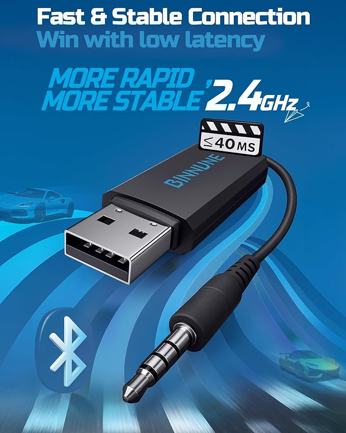 BINNUNE Wireless Gaming Headset — 2.4GHz Low-Latency USB Dongle + Bluetooth 50mm Drivers 7.1 Surround Noise-Cancelling Mic 40H Battery — Over Ear Wireless Headphones for PS5 PC Laptop Blue