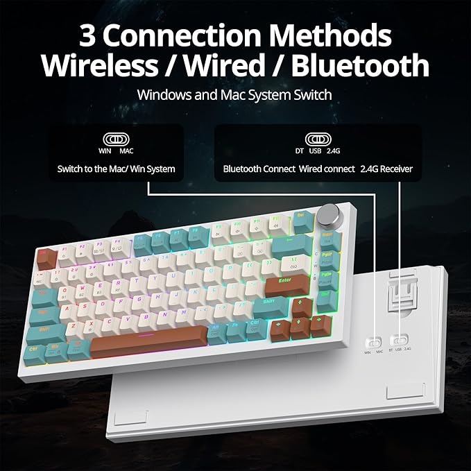 82 Keys Wireless Gaming Keyboard 75 PercentTriple Mode Bluetooth/2.4Ghz/USB Pre-lubed Hot Swappable Mechanical Keyboard w/Knob&ampSound-Absorbing Pads4000mAh Battery for Mac/Win (Brown)