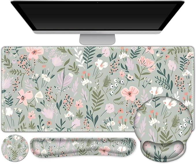 AIMSA Keyboard Mouse Pad Set Extended Mouse Pad Keyboard Wrist Rest Support Memory Foam Ergonomic Desk Pad Set for Home Office Study Game Pink White Flowers Plants