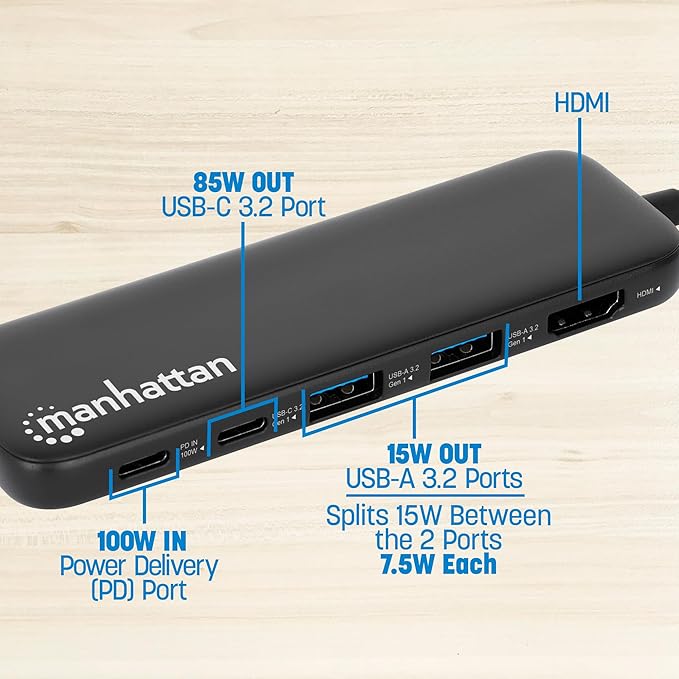 Manhattan 5 in 1 USB C Docking Station Hub – Long 20 in Cord - 100W PD 4k HDMI 2 USB-A 3.0 1 USB-C 5Gbps Data Port - Multiport Adapter for MacBook Air Pro &amp Type C Devices–3 Yr Mfg Warranty-130