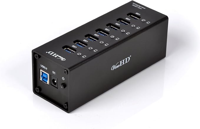 ViewHD Professional Premium Quality USB 3.0 7-Port Hub with On/Off Power Switch + 12V Power Adapter + USB Cable in Full Metal Case (Black) | Model: VHD-U3P7B